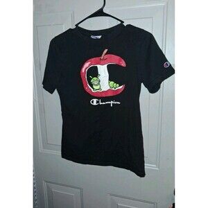 Champion Boys XL Black Graphic T Shirt Worm Apple Logo Sleeve Patch